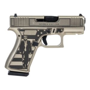 High-quality image of the Glock 43X "Trump Fight" 9mm pistol, featuring a silver custom-engraved slide, 10-round magazine, and a compact design for concealed carry and self-defense