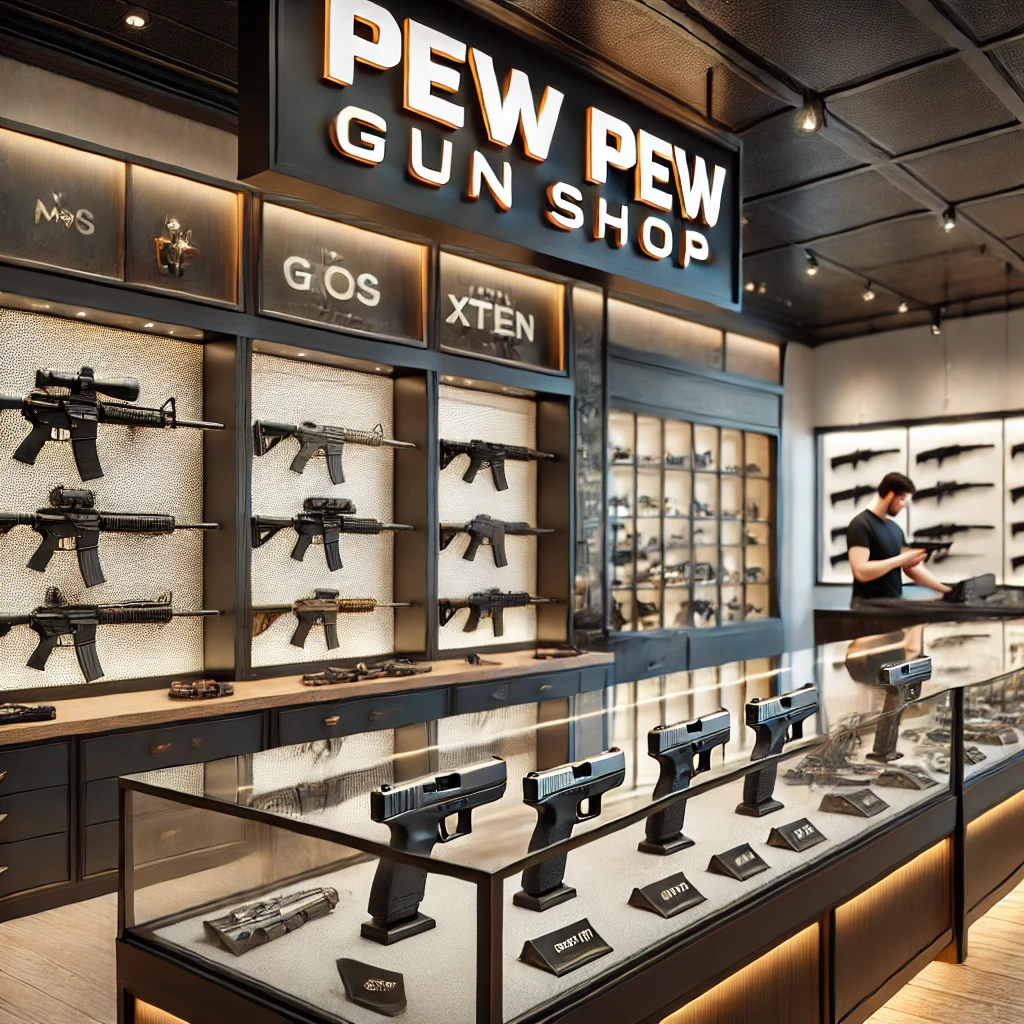 A modern gun shop featuring a well-lit display of trending firearms, including Glock 47 MOS, Sig Sauer P320 XTEN, and FN SCAR 15P. The shop has a sleek interior with glass showcases, a wooden counter, and a professional atmosphere. A sign above the counter reads 'Pew Pew Gun Shop' in bold, stylish lettering."