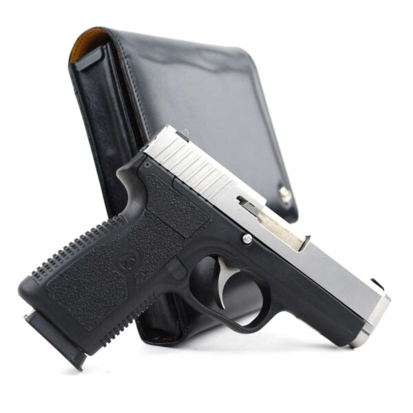 Close-up image of the Kahr CW9 9mm pistol featuring a matte stainless steel slide, textured polymer grip, and compact design, ideal for concealed carry and self-defense.