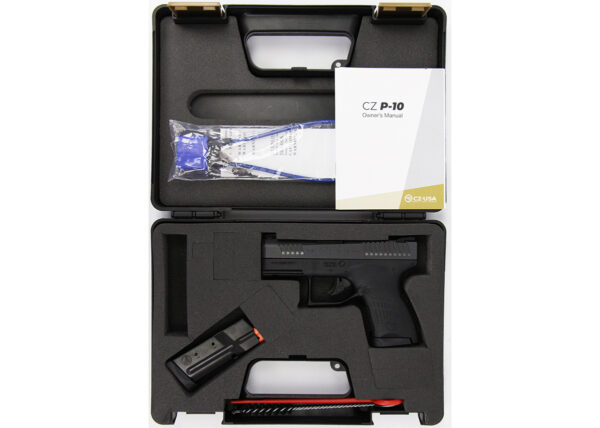 High-quality image of the CZ P-10 M micro-compact 9mm pistol, featuring a sleek black polymer frame, aggressive stippling grip, and a minimalist design for everyday concealed carry.