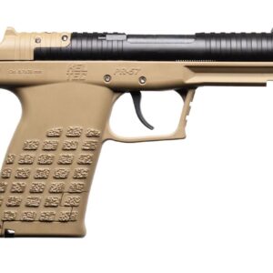Side view of the KelTec PR57 pistol featuring its sleek black finish, ergonomic grip, and compact design