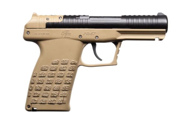 Side view of the KelTec PR57 pistol featuring its sleek black finish, ergonomic grip, and compact design